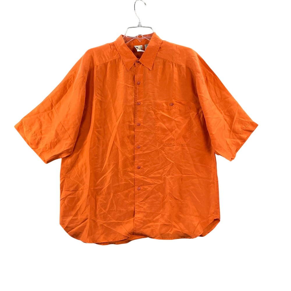 On The Brink Silk Button Down Shirt Women L Orange Short Sleeve Casual Oversized